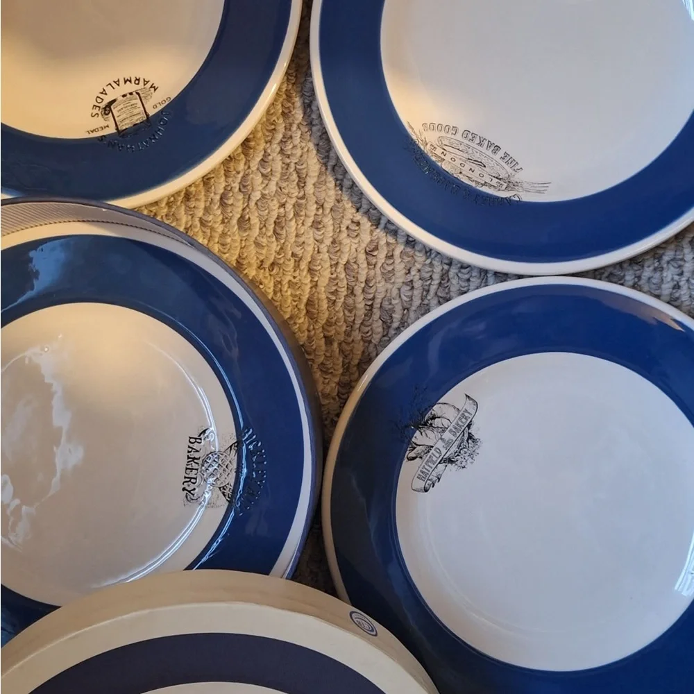 England Williams-Sonoma Blue Rim Stamped Plates - Set of Four Vintage Food Marks